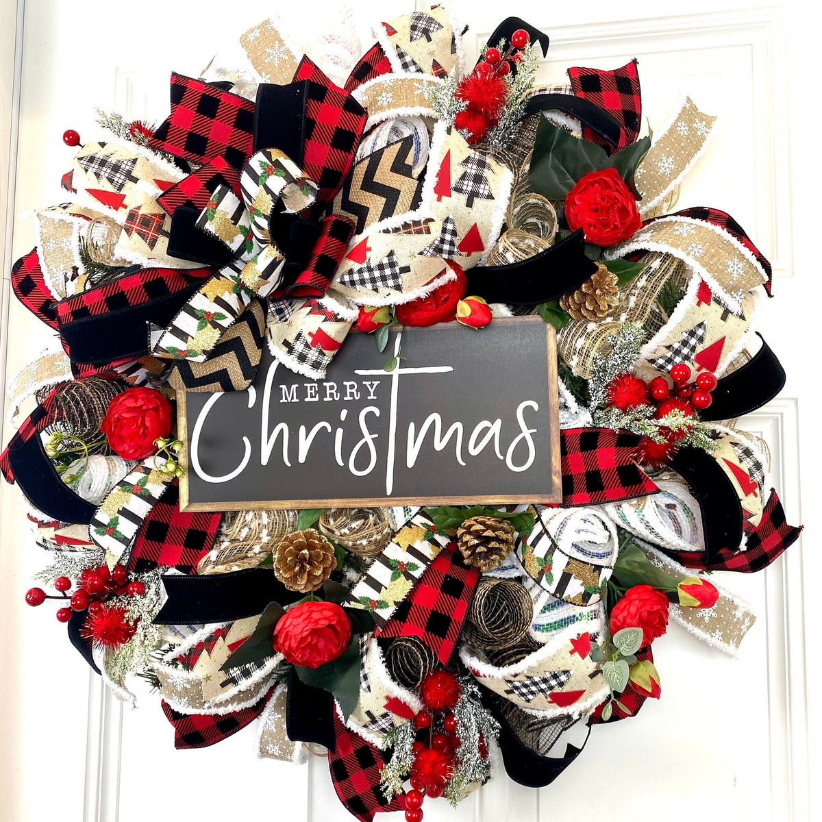 Buffalo Check Christmas Wreath with Floral Accents