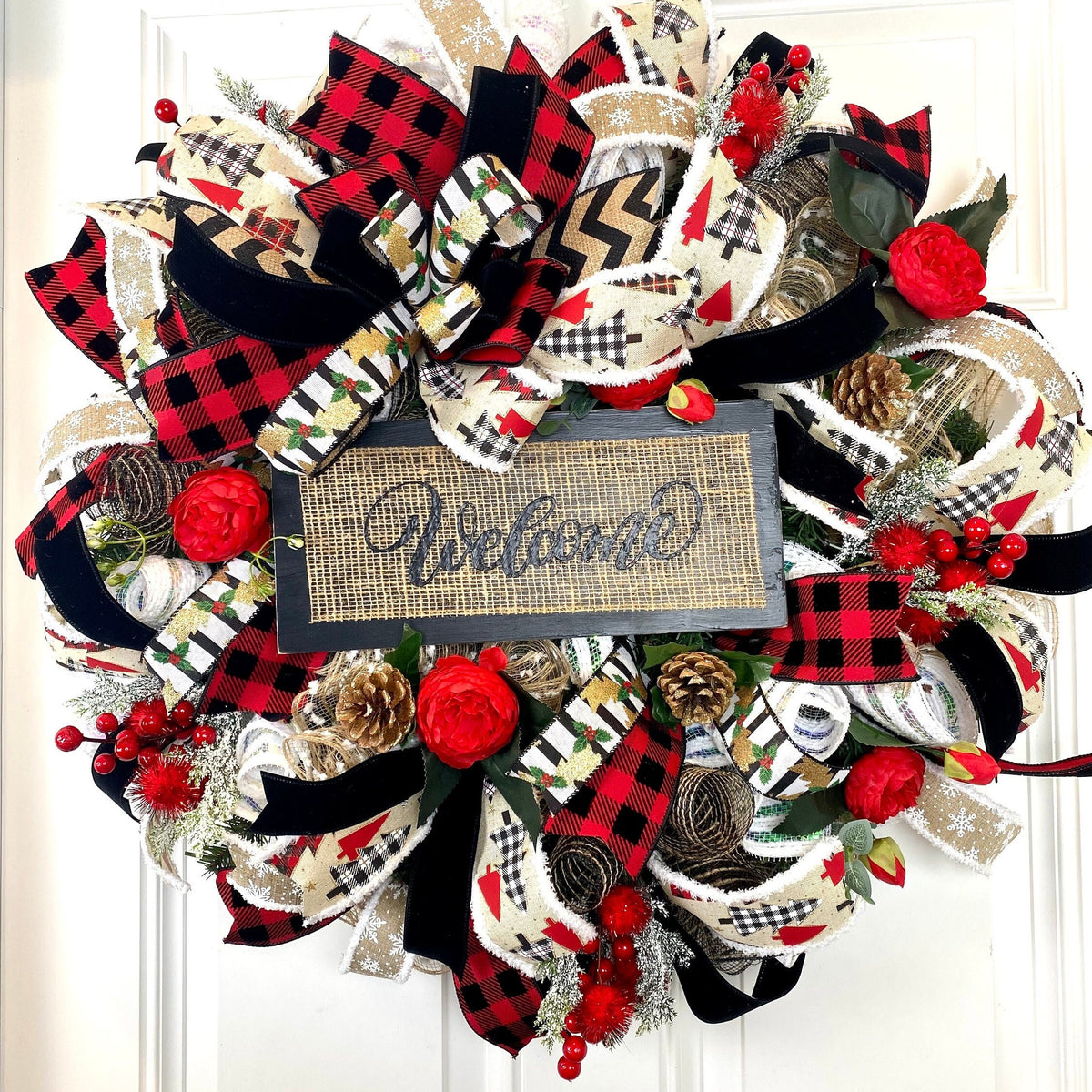 XL Christmas Wreath, Farmhouse Decor, Buffalo Check, Merry Christmas