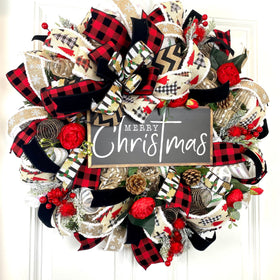 Buffalo Check Christmas Wreath with Floral Accents