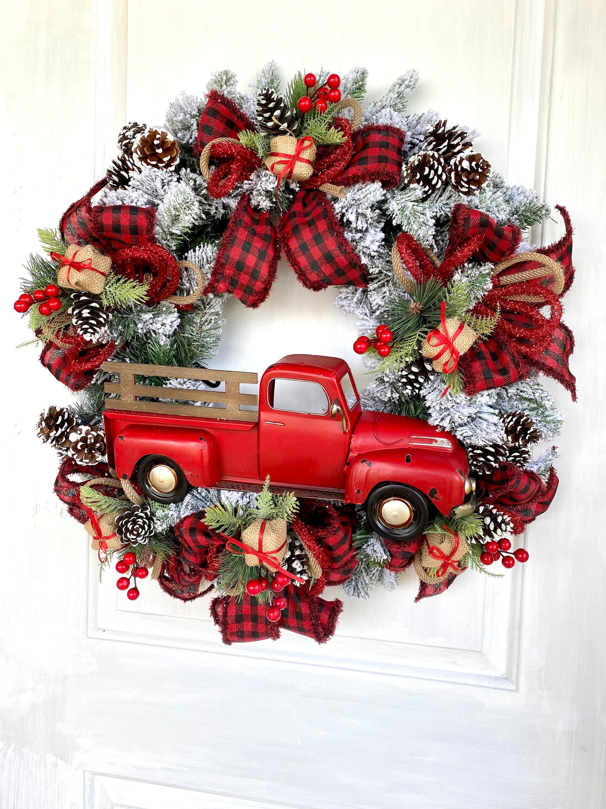 Red Truck Christmas Wreath: Buffalo Plaid Farmhouse Door Decor