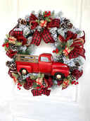 Red Truck Christmas Wreath: Buffalo Plaid Farmhouse Door Decor