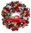 Red Truck Christmas Wreath: Buffalo Plaid Farmhouse Door Decor