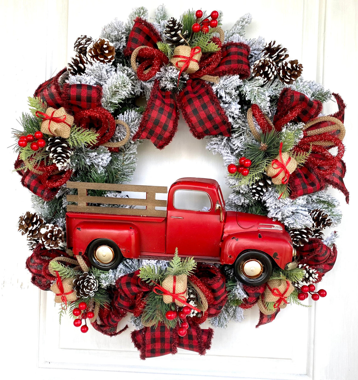 Red Truck Christmas Wreath: Buffalo Plaid Farmhouse Door Decor
