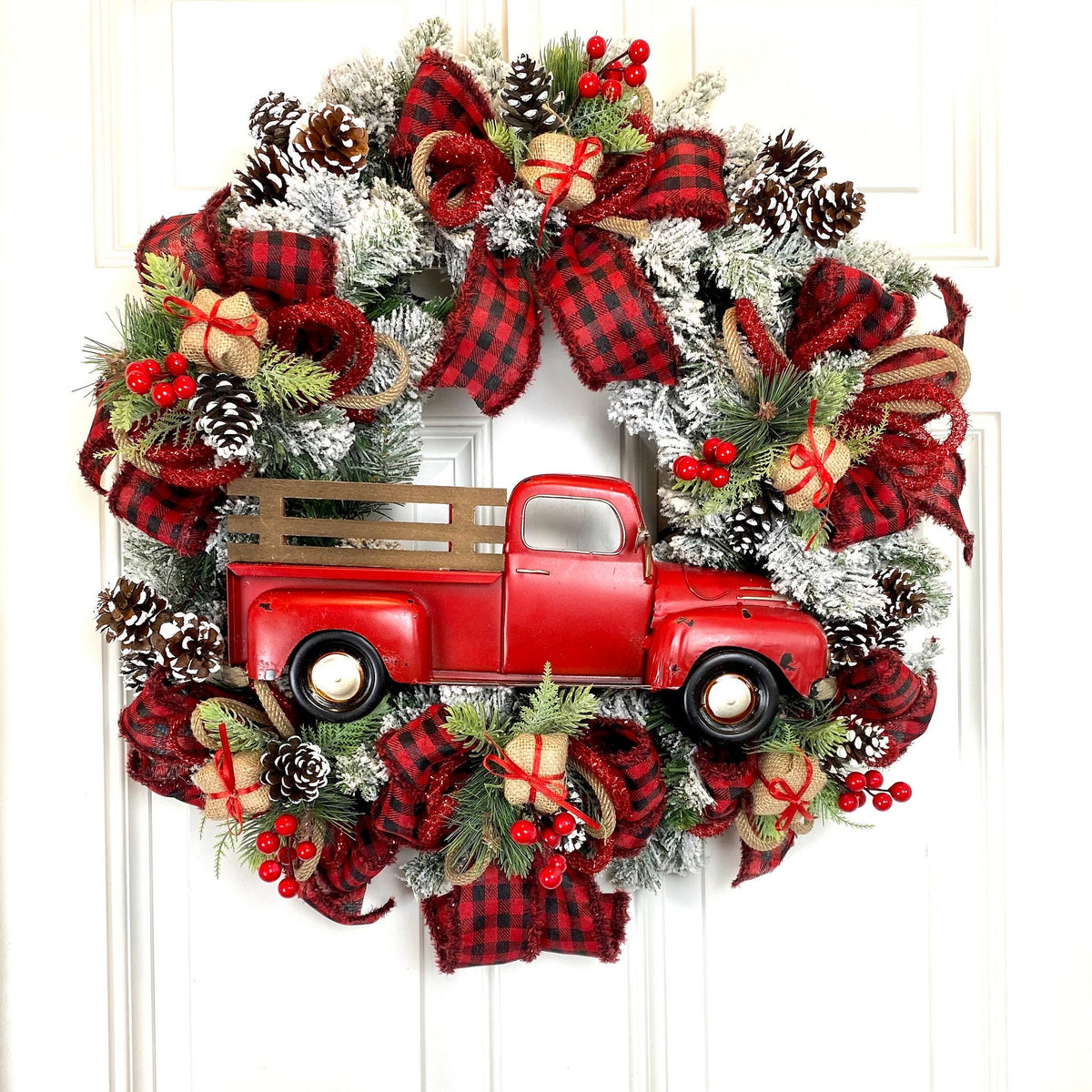 Red Truck Christmas Wreath: Buffalo Plaid Farmhouse Door Decor