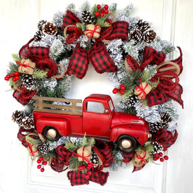 Red Truck Christmas Wreath: Buffalo Plaid Farmhouse Door Decor