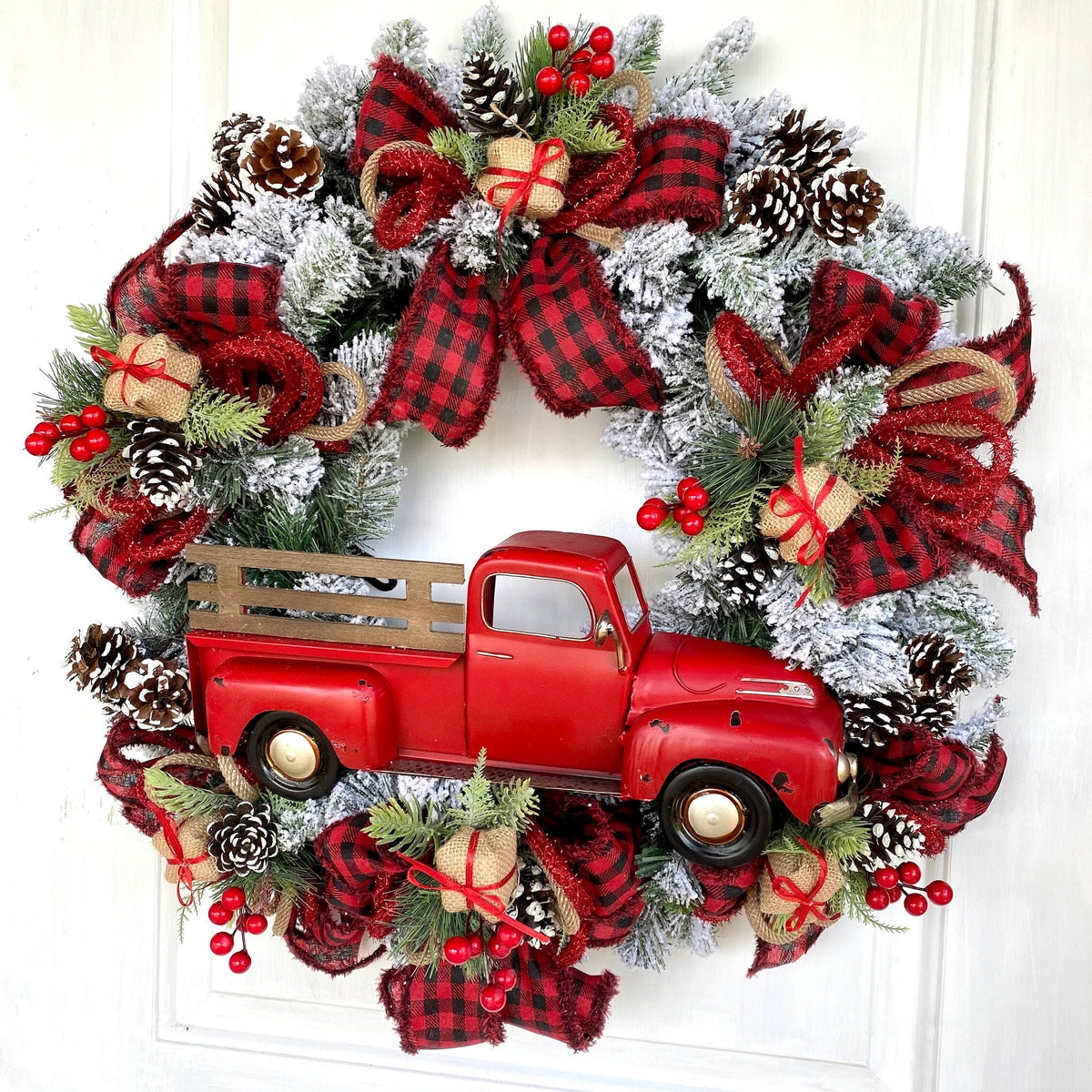 Red Truck Christmas Wreath: Buffalo Plaid Farmhouse Door Decor