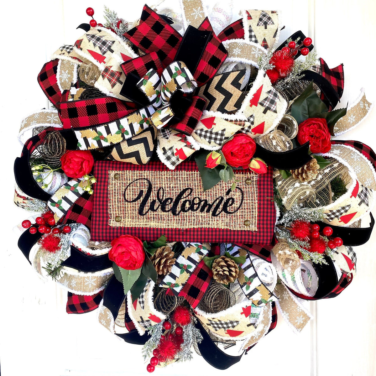 XL Christmas Wreath, Farmhouse Decor, Buffalo Check, Merry Christmas