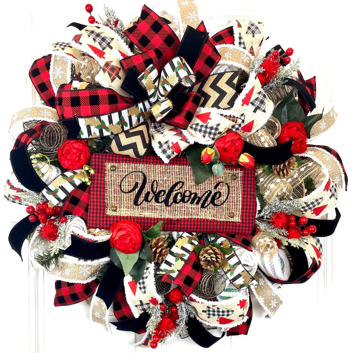 Buffalo Check Christmas Wreath with Floral Accents