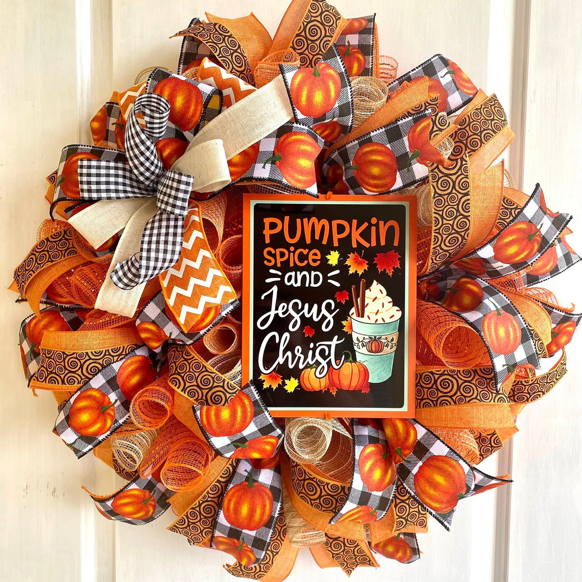 Pumpkin Spice Jesus Christ Wreath: Buffalo Plaid Fall Decor