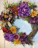 Fall Wreath Front Door, Fall Hydrangea & Aster wreath, Designer Wreath, Purple, Orange, Gold Fall Wreath, wreath with bow