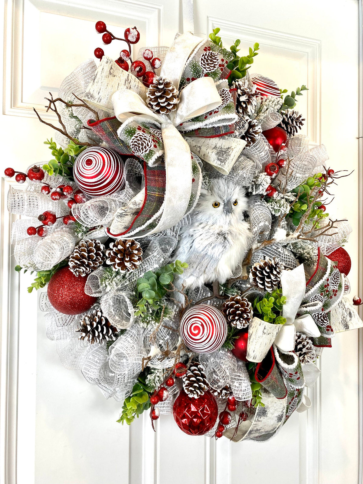 Flocked Winter Owl Wreath: Holiday Door Hanger with Pinecones & Berries