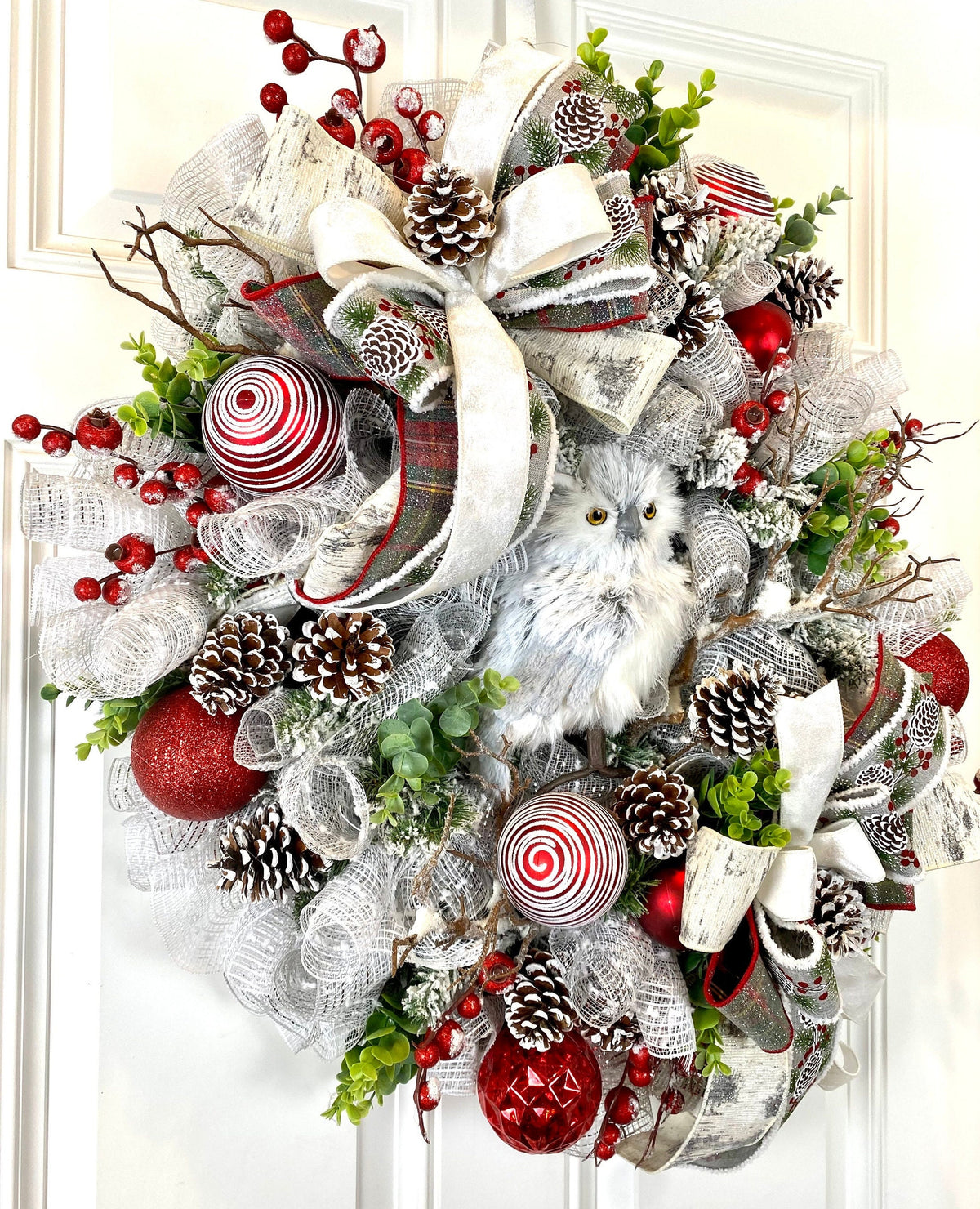 Flocked Winter Owl Wreath: Holiday Door Hanger with Pinecones & Berries