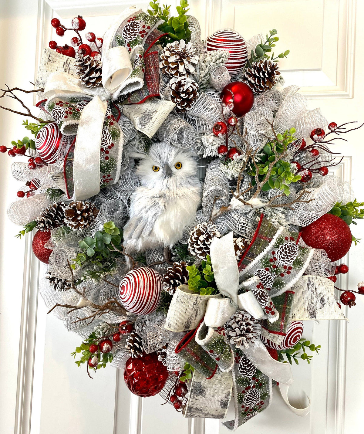 Flocked Winter Owl Wreath: Holiday Door Hanger with Pinecones & Berries