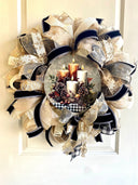 Christmas Winter Wreath, Boho. Farmhouse Decor, Buffalo Check, Pinecone, Candle