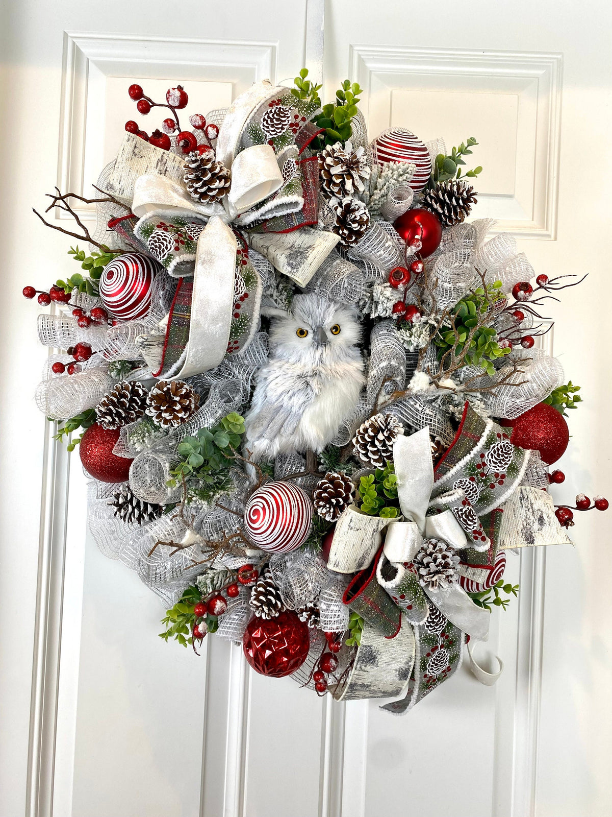 Flocked Winter Owl Wreath: Holiday Door Hanger with Pinecones & Berries