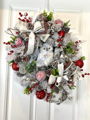 Flocked Winter Owl Wreath: Holiday Door Hanger with Pinecones & Berries