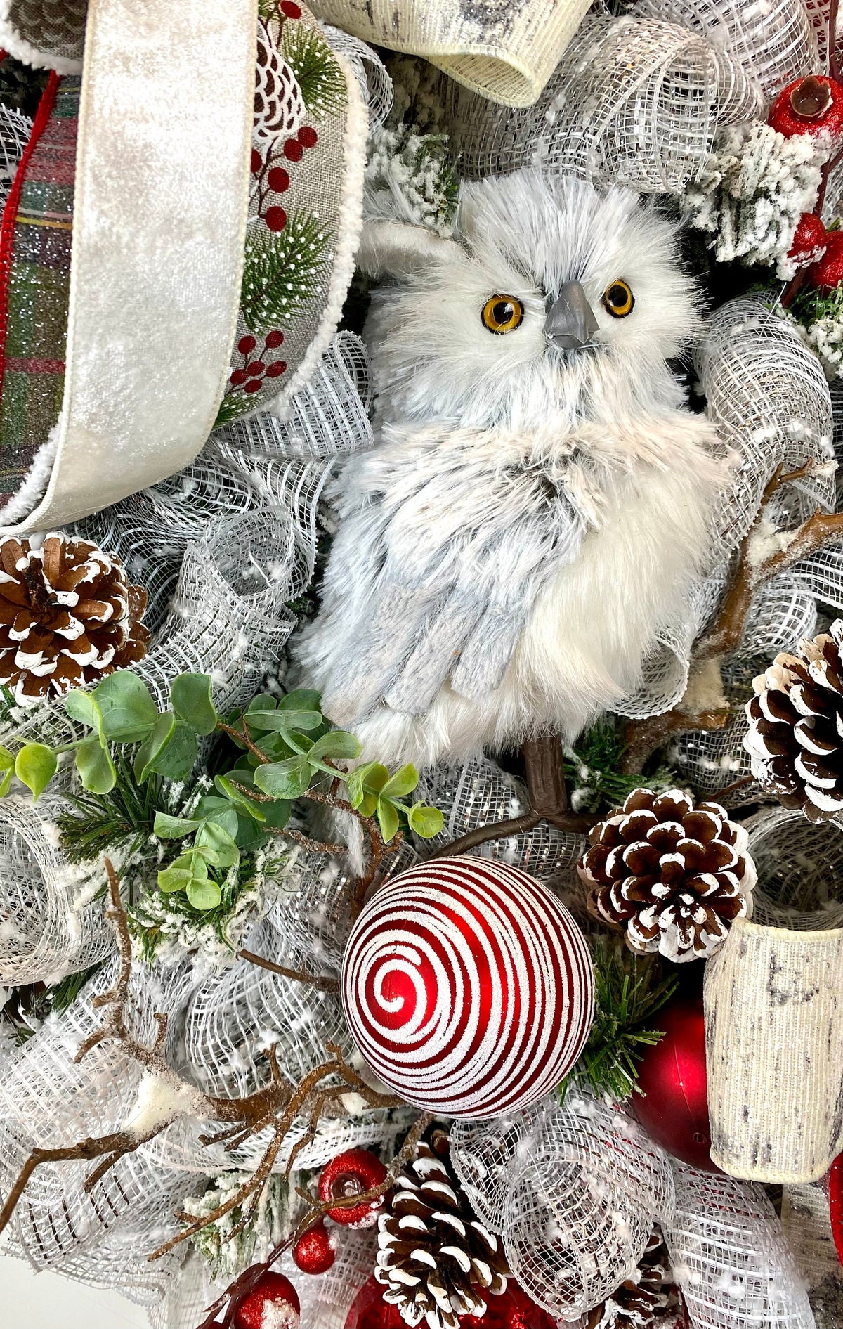Flocked Winter Owl Wreath: Holiday Door Hanger with Pinecones & Berries