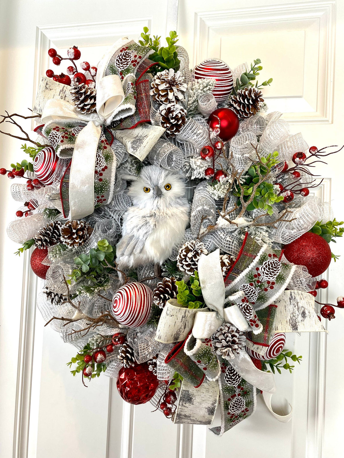 Flocked Winter Owl Wreath: Holiday Door Hanger with Pinecones & Berries