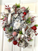 Flocked Winter Owl Wreath: Holiday Door Hanger with Pinecones & Berries