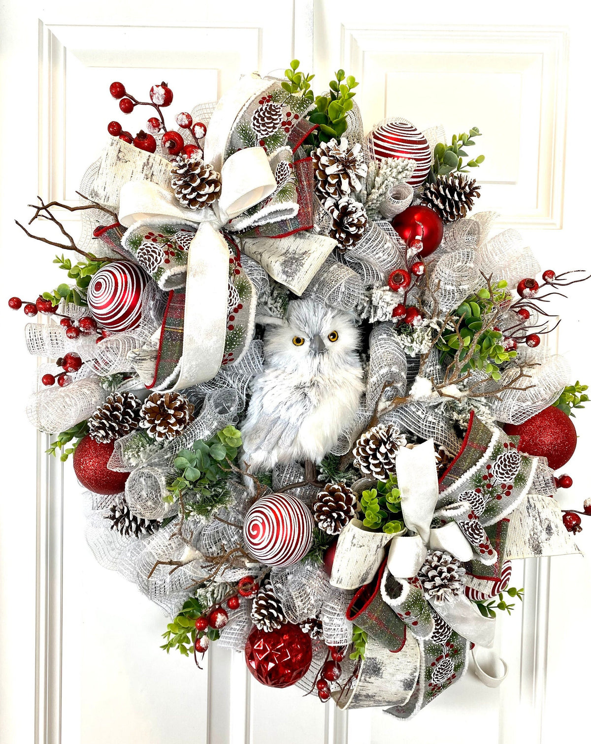 Flocked Winter Owl Wreath: Holiday Door Hanger with Pinecones & Berries