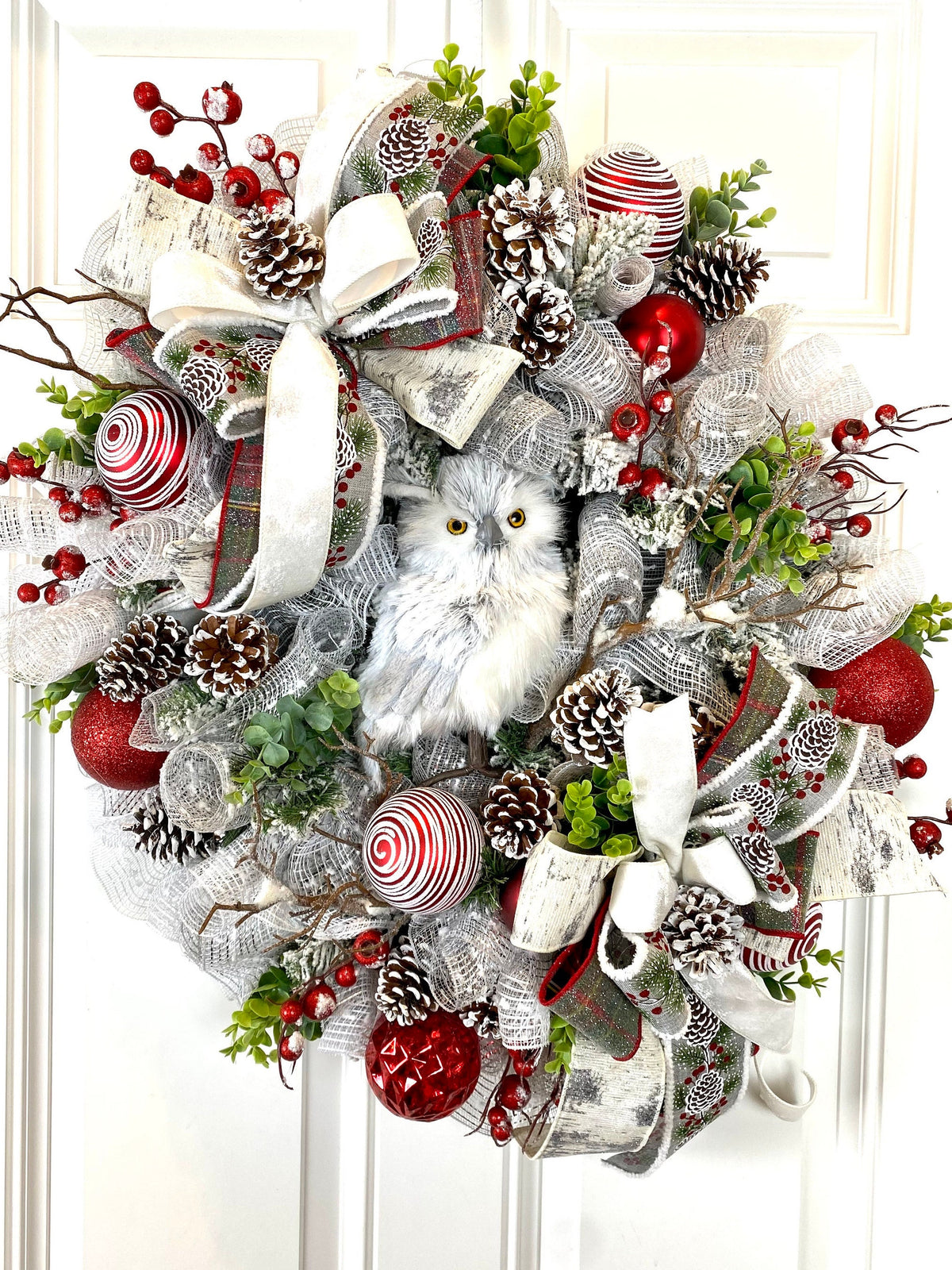 Flocked Winter Owl Wreath: Holiday Door Hanger with Pinecones & Berries
