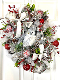 Flocked Winter Owl Wreath: Holiday Door Hanger with Pinecones & Berries