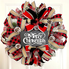 Lighted Christmas Farmhouse Buffalo Check Wreath