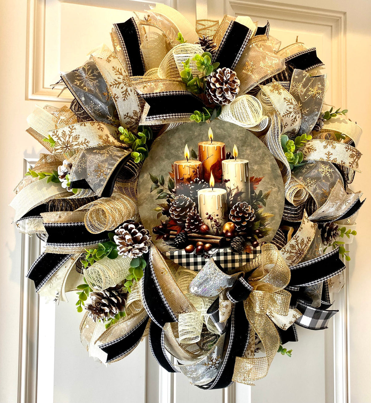 Christmas Winter Wreath, Boho. Farmhouse Decor, Buffalo Check, Pinecone, Candle