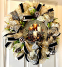 Christmas Winter Wreath, Boho. Farmhouse Decor, Buffalo Check, Pinecone, Candle
