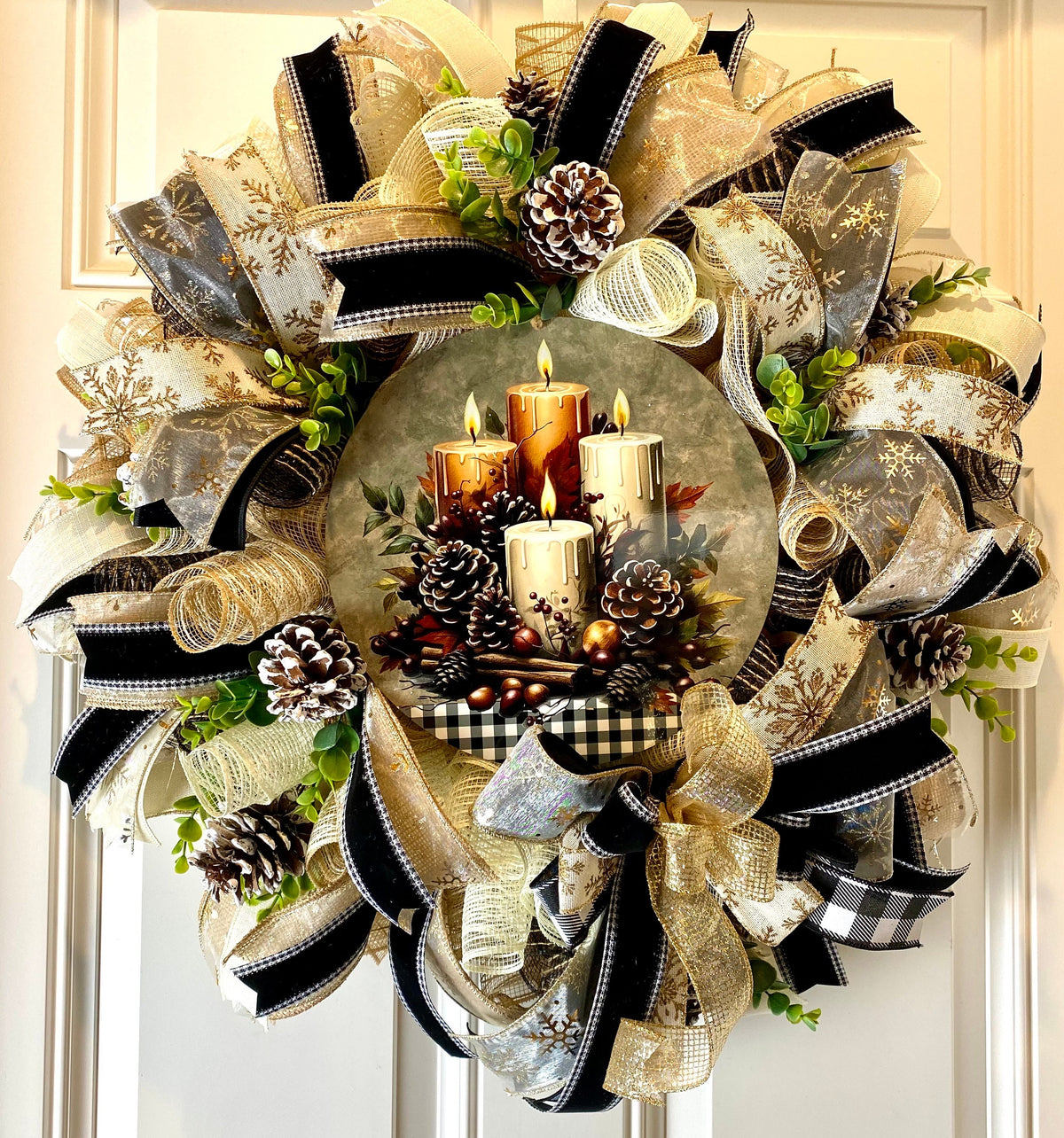 Christmas Winter Wreath, Boho. Farmhouse Decor, Buffalo Check, Pinecone, Candle