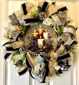 Christmas Winter Wreath, Boho. Farmhouse Decor, Buffalo Check, Pinecone, Candle