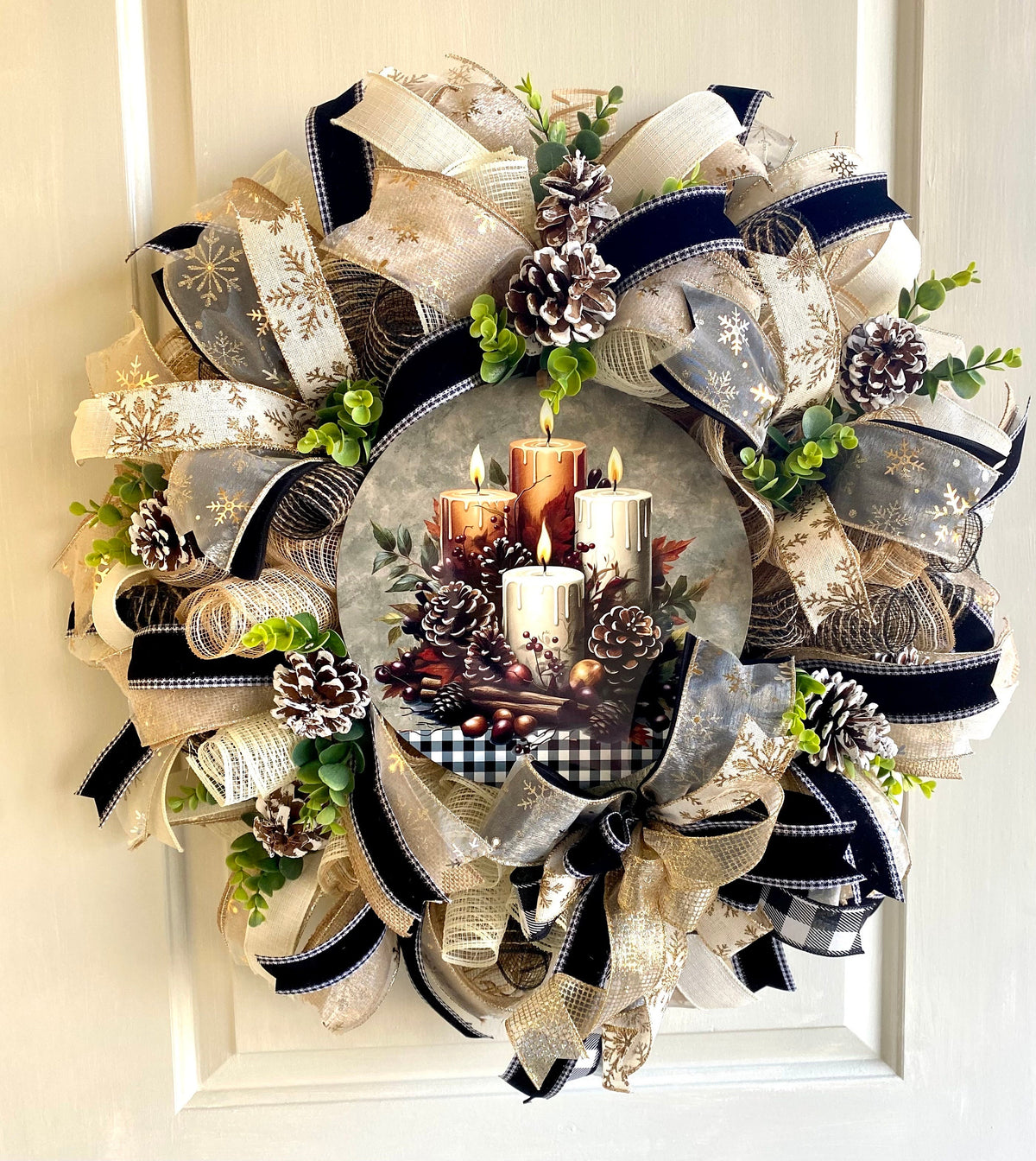 Christmas Winter Wreath, Boho. Farmhouse Decor, Buffalo Check, Pinecone, Candle