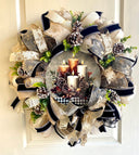 Christmas Winter Wreath, Boho. Farmhouse Decor, Buffalo Check, Pinecone, Candle