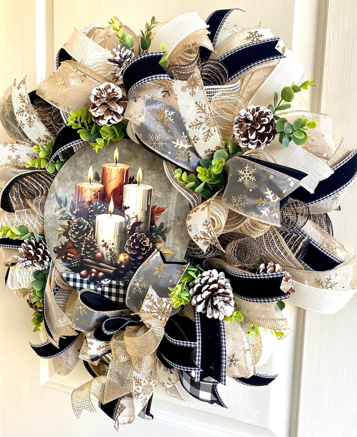 Christmas Winter Wreath, Boho. Farmhouse Decor, Buffalo Check, Pinecone, Candle