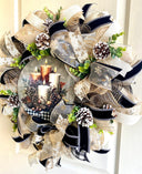 Christmas Winter Wreath, Boho. Farmhouse Decor, Buffalo Check, Pinecone, Candle
