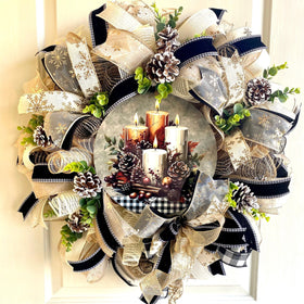Christmas Winter Wreath, Boho. Farmhouse Decor, Buffalo Check, Pinecone, Candle