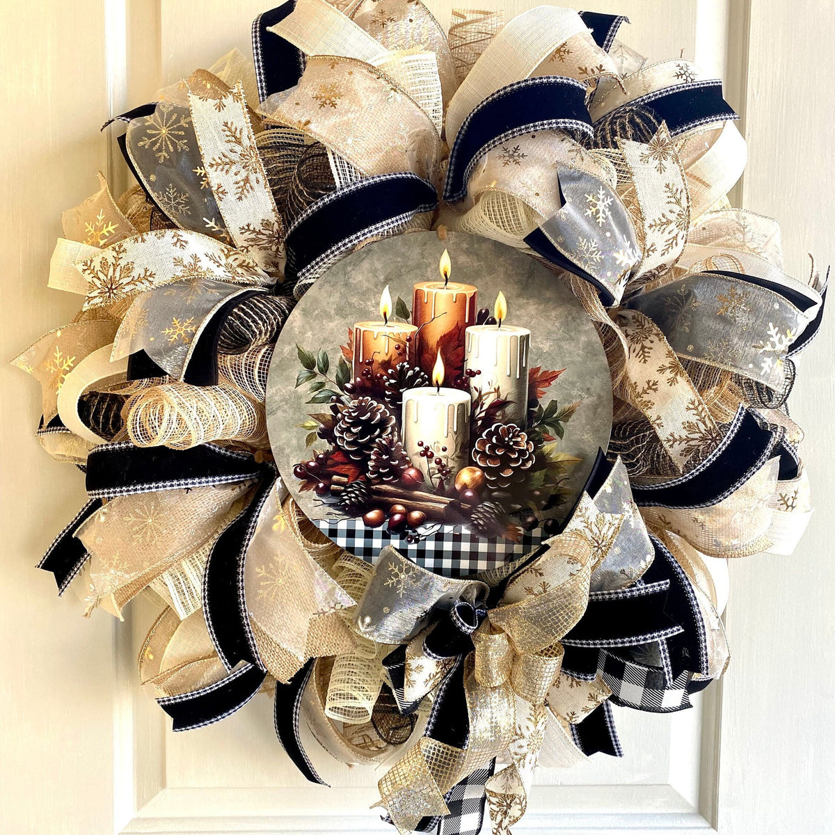 Christmas Winter Wreath, Boho. Farmhouse Decor, Buffalo Check, Pinecone, Candle