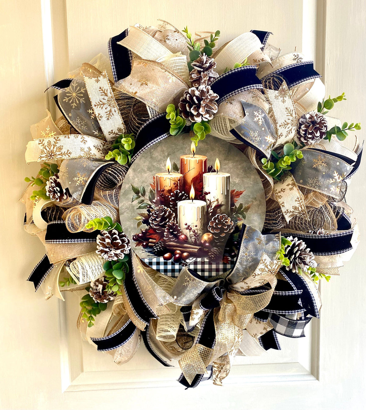 Christmas Winter Wreath, Boho. Farmhouse Decor, Buffalo Check, Pinecone, Candle
