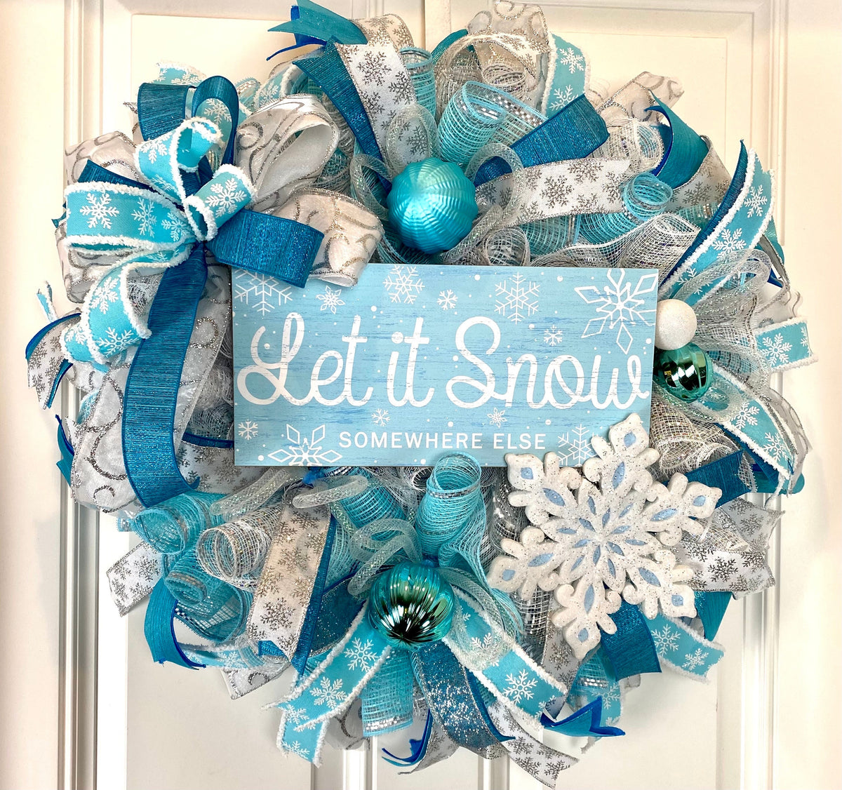 Teal & Silver Snowflake Winter Wreath: Elegant Holiday Door Decor