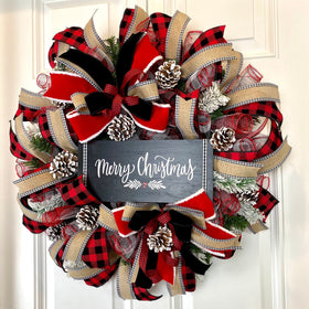 Lighted Christmas Farmhouse Buffalo Check Wreath