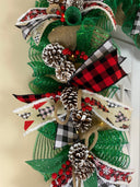 Lighted Farmhouse Christmas Garland Buffalo check holiday decor for front door, double doors, Merry Christmas