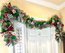 Lighted Farmhouse Christmas Garland Buffalo check holiday decor for front door, double doors, Merry Christmas