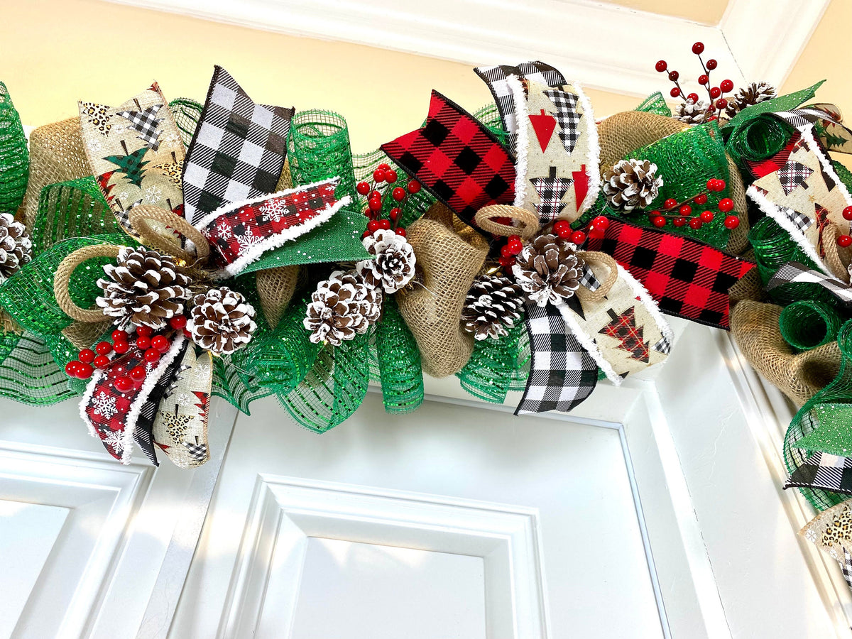 Lighted Farmhouse Christmas Garland Buffalo check holiday decor for front door, double doors, Merry Christmas