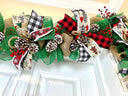 Lighted Farmhouse Christmas Garland Buffalo check holiday decor for front door, double doors, Merry Christmas
