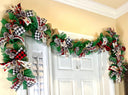Lighted Farmhouse Christmas Garland Buffalo check holiday decor for front door, double doors, Merry Christmas