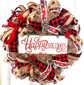 XL Farmhouse Holiday Wreath, Winter Wreath, Buffalo Plaid Decor, front door porch decor