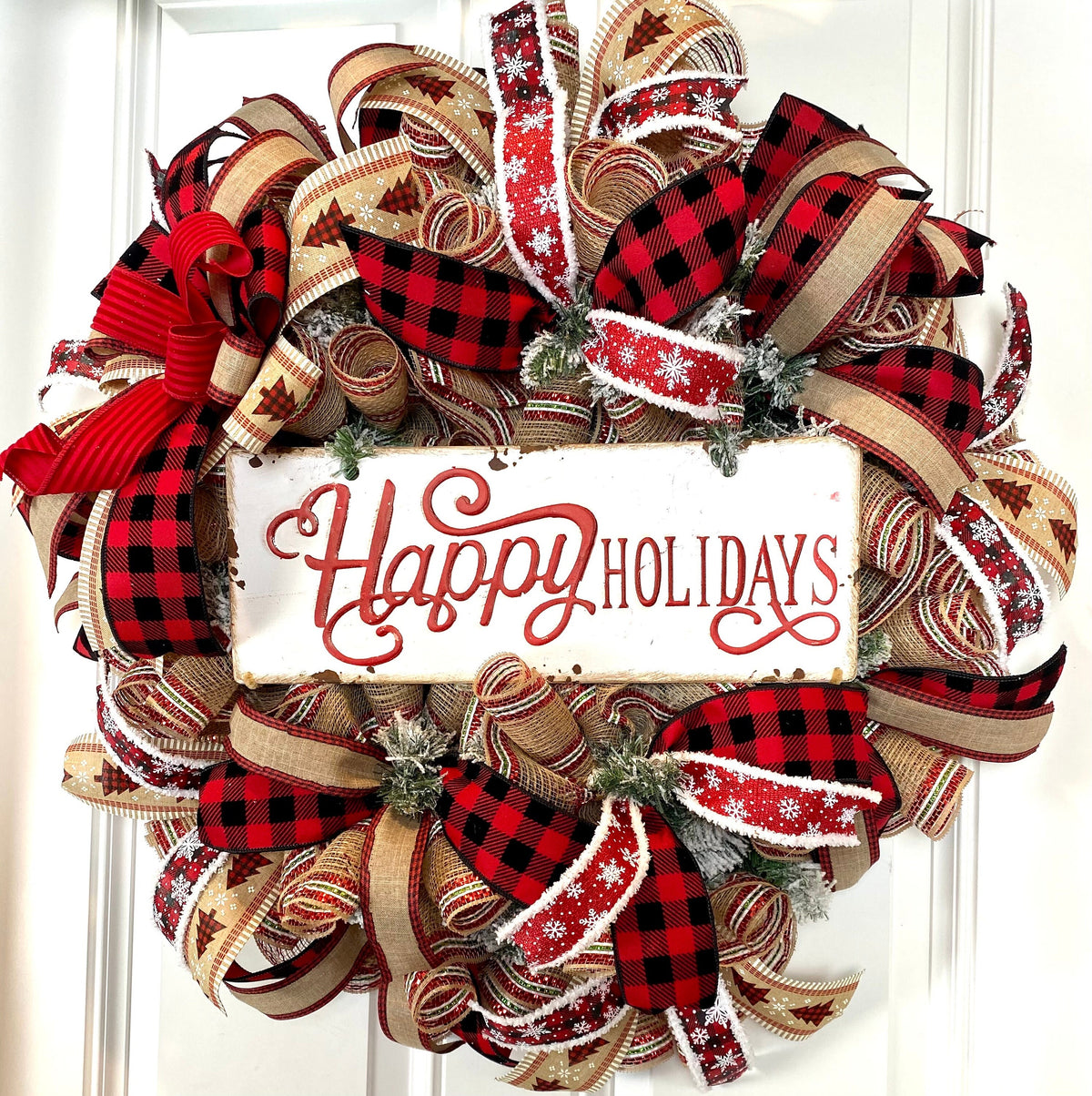 XL Farmhouse Holiday Wreath, Winter Wreath, Buffalo Plaid Decor, front door porch decor