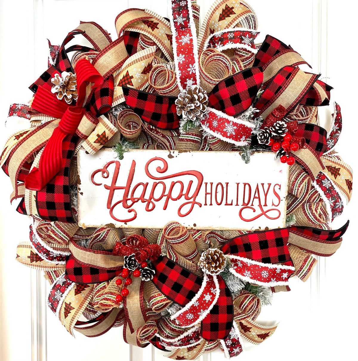 XL Farmhouse Holiday Wreath, Winter Wreath, Buffalo Plaid Decor, front door porch decor