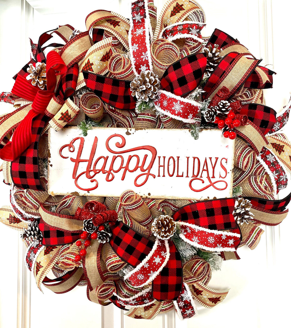 XL Farmhouse Holiday Wreath, Winter Wreath, Buffalo Plaid Decor, front door porch decor