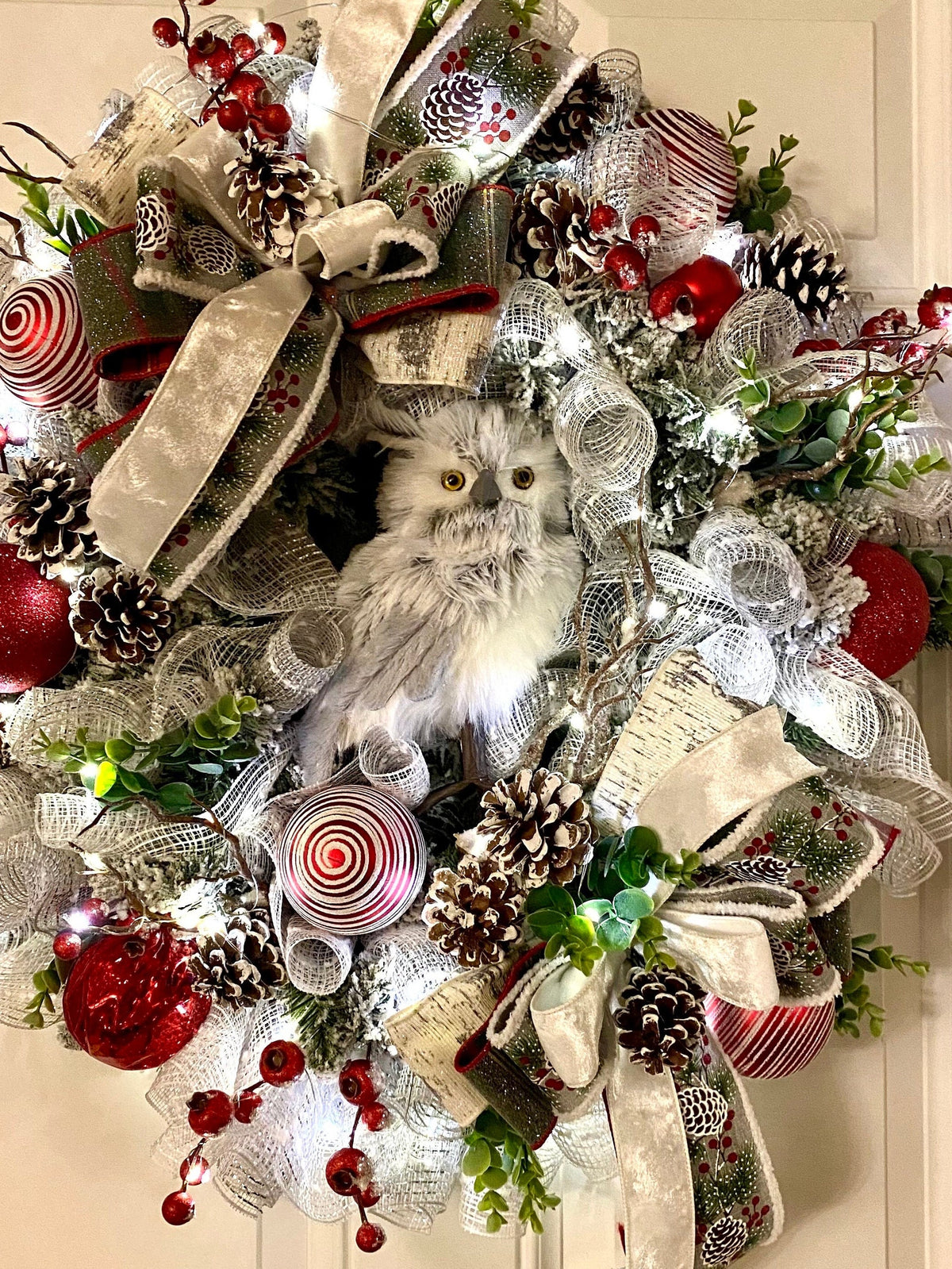 Flocked Winter Owl Wreath: Holiday Door Hanger with Pinecones & Berries